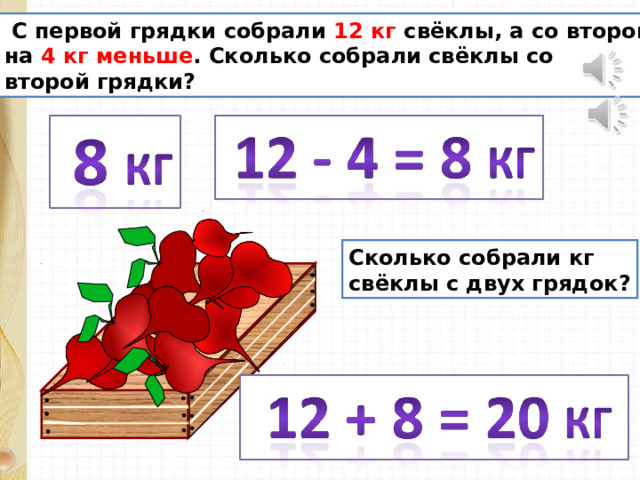  С первой грядки собрали 12 кг свёклы, а со второй на 4 кг меньше . Сколько собрали свёклы со второй грядки? Сколько собрали кг свёклы с двух грядок? 