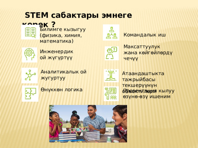  STEM сабактары эмнеге керек ? Командалык иш Максаттуулук жана көйгөйлөрдү чечүү Билимге кызыгуу (физика, химия, математика) Инженердик ой жүгүртүү Аналитикалык ой жугуртуу Атаандаштыкта тажрыйбасы текшерүүнүн объектилери Өнүккөн логика Презентация кылуу өзүнө-өзү ишеним  