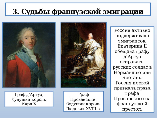 3. Судьбы французской эмиграции Россия активно поддерживала эмигрантов. Екатерина II обещала графу д’Артуа отправить русских солдат в Нормандию или Бретань. Россия первой признала права графа Прованского на французский престол. Граф д’Артуа, будущий король Карл Х Граф Прованский, будущий король Людовик XVIII в. 