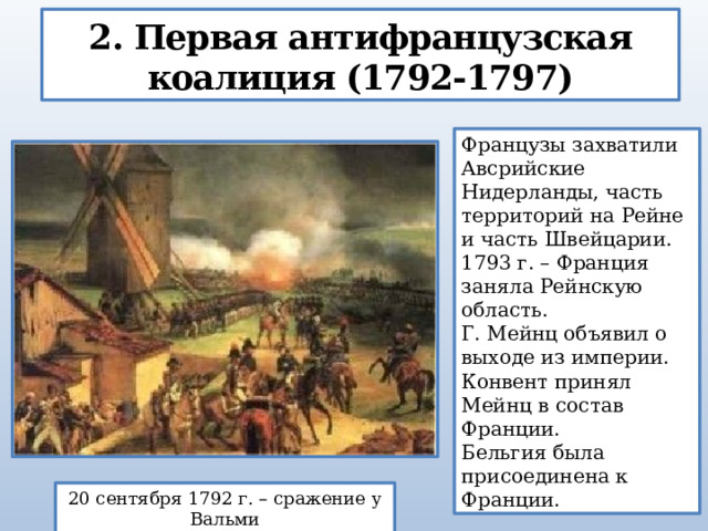 2. Первая антифранцузская коалиция (1792-1797) Французы захватили Авсрийские Нидерланды, часть территорий на Рейне и часть Швейцарии. 1793 г. – Франция заняла Рейнскую область. Г. Мейнц объявил о выходе из империи. Конвент принял Мейнц в состав Франции. Бельгия была присоединена к Франции. 20 сентября 1792 г. – сражение у Вальми 