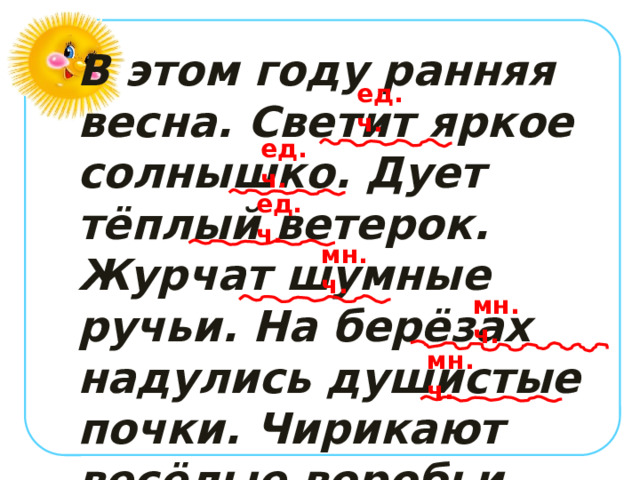 В этом году ранняя весна. Светит яркое солнышко. Дует тёплый ветерок. Журчат шумные ручьи. На берёзах надулись душистые почки. Чирикают весёлые воробьи. ед.ч. ед.ч. ед.ч. мн.ч. мн.ч. мн.ч. 