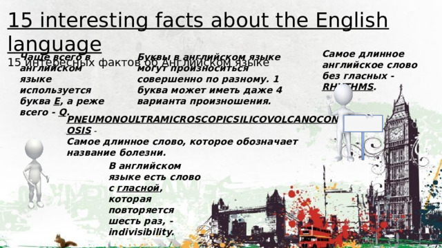 15 interesting facts about the English language 15 интересных фактов об Английском языке Самое длинное английское слово без гласных - RHYTHMS . Чаще всего в английском языке используется буква E , а реже всего - Q . Буквы в английском языке могут произноситься совершенно по разному. 1 буква может иметь даже 4 варианта произношения. PNEUMONOULTRAMICROSCOPICSILICOVOLCANOCONIOSIS  - Самое длинное слово, которое обозначает название болезни. В английском языке есть слово с гласной , которая повторяется шесть раз, - indivisibility. 
