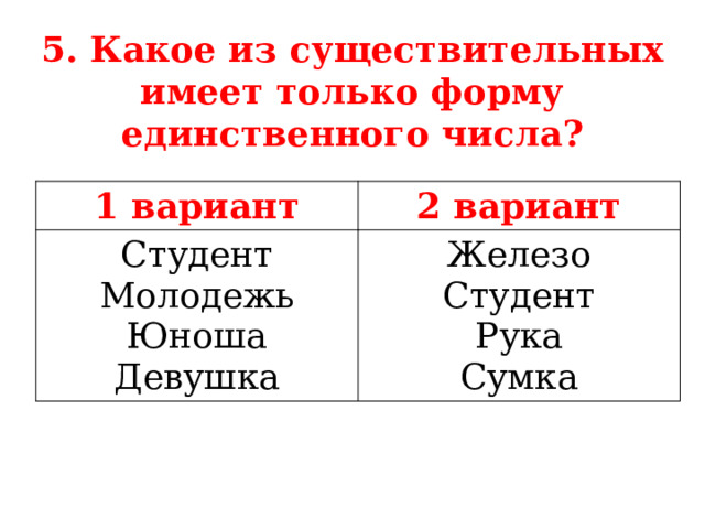 5. Какое из существительных имеет только форму единственного числа? 1 вариант 2 вариант Студент Молодежь Железо Студент Юноша Девушка Рука Сумка  