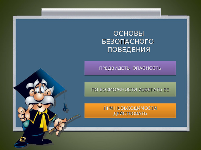 ОСНОВЫ БЕЗОПАСНОГО ПОВЕДЕНИЯ ПРЕДВИДЕТЬ ОПАСНОСТЬ ПО ВОЗМОЖНОСТИ ИЗБЕГАТЬ ЕЕ ПРИ НЕОБХОДИМОСТИ ДЕЙСТВОВАТЬ  