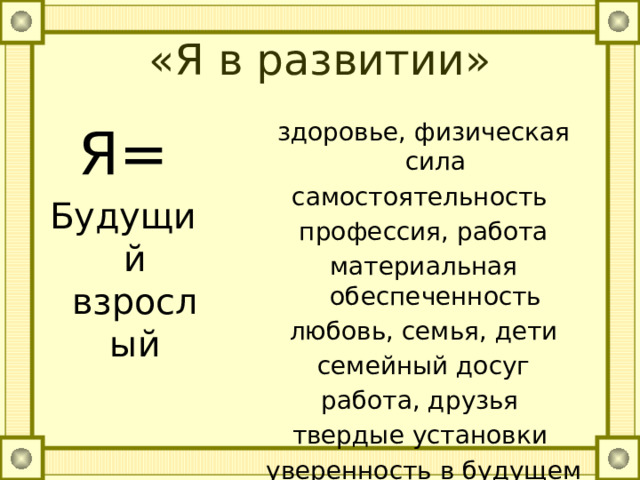«Я в развитии»   Я= здоровье, физическая сила Будущий взрослый самостоятельность профессия, работа материальная обеспеченность любовь, семья, дети  семейный досуг работа, друзья твердые установки уверенность в будущем 