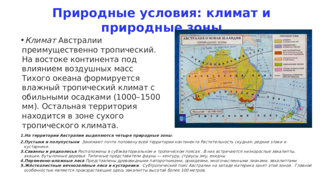Природные условия: климат и природные зоны Климат  Австралии преимущественно тропический. На востоке континента под влиянием воздушных масс Тихого океана формируется влажный тропический климат с обильными осадками (1000–1500 мм). Остальная территория находится в зоне сухого тропического климата.   На территории Австралии выделяются четыре природные зоны : Пустыни и полупустыни   Занимают почти половину всей территории континента Растительность скудная: редкие злаки и кустарники. Саванны и редколесья  Расположены в субэкваториальном и тропическом поясах . В них встречаются низкорослые эвкалипты, акации, бутылочные деревья  Типичные представители фауны — кенгуру, страусы эму, ехидны  Переменно-влажные леса  Представлены древовидными папоротниками, орхидеями, многочисленными лианами, эвкалиптами  Жёстколистные вечнозелёные леса и кустарники . Субтропический пояс Австралии на западе материка занят этой зоной. Главной особенностью являются произрастающие здесь эвкалипты высотой более 100 метров. 