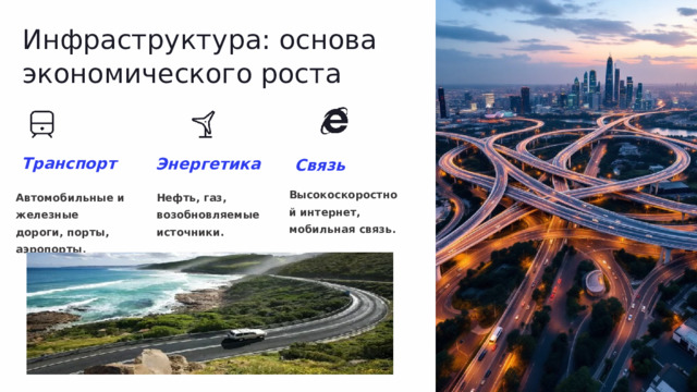 Инфраструктура: основа экономического роста Транспорт Энергетика Связь Высокоскоростной интернет, мобильная связь. Автомобильные и железные дороги, порты, аэропорты. Нефть, газ, возобновляемые источники. 