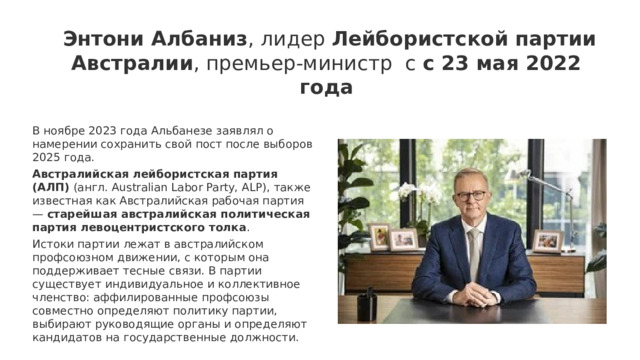   Энтони Албаниз , лидер  Лейбористской партии Австралии , премьер-министр с с 23 мая 2022 года В ноябре 2023 года Альбанезе заявлял о намерении сохранить свой пост после выборов 2025 года. Австралийская лейбористская партия (АЛП)  (англ. Australian Labor Party, ALP), также известная как Австралийская рабочая партия —  старейшая австралийская политическая партия левоцентристского толка . Истоки партии лежат в австралийском профсоюзном движении, с которым она поддерживает тесные связи. В партии существует индивидуальное и коллективное членство: аффилированные профсоюзы совместно определяют политику партии, выбирают руководящие органы и определяют кандидатов на государственные должности.   