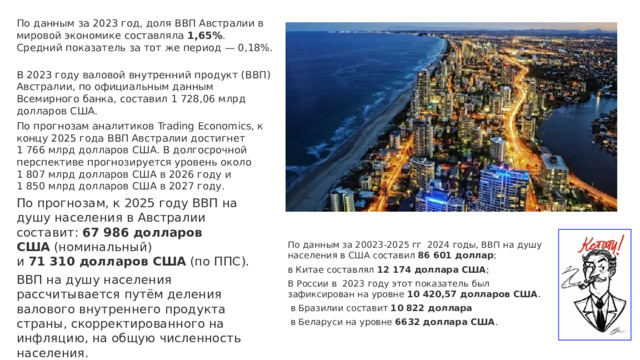 По данным за 2023 год, доля ВВП Австралии в мировой экономике составляла  1,65% . Средний показатель за тот же период — 0,18%.   В 2023 году валовой внутренний продукт (ВВП) Австралии, по официальным данным Всемирного банка, составил 1 728,06 млрд долларов США.   По прогнозам аналитиков Trading Economics, к концу 2025 года ВВП Австралии достигнет 1 766 млрд долларов США. В долгосрочной перспективе прогнозируется уровень около 1 807 млрд долларов США в 2026 году и 1 850 млрд долларов США в 2027 году. По прогнозам, к 2025 году ВВП на душу населения в Австралии составит:  67 986 долларов США  (номинальный) и  71 310 долларов США  (по ППС).   ВВП на душу населения рассчитывается путём деления валового внутреннего продукта страны, скорректированного на инфляцию, на общую численность населения.   По данным за 20023-2025 гг 2024 годы, ВВП на душу населения в США составил  86 601 доллар ;  в Китае составлял  12 174 доллара США ; В России в  2023 году этот показатель был зафиксирован на уровне  10 420,57 долларов США .  в Бразилии составит  10 822 доллара  в Беларуси на уровне  6632 доллара США . 