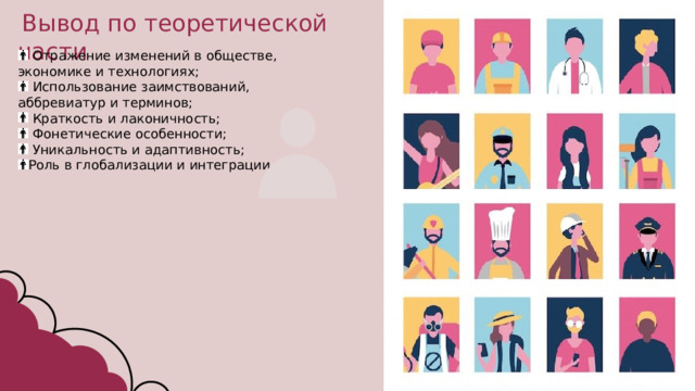  Вывод по теоретической части  Отражение изменений в обществе, экономике и технологиях;  Использование заимствований, аббревиатур и терминов;  Краткость и лаконичность;  Фонетические особенности;  Уникальность и адаптивность; Роль в глобализации и интеграции  