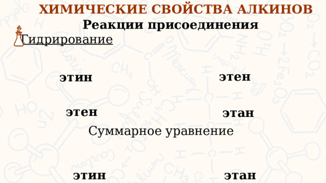 ХИМИЧЕСКИЕ СВОЙСТВА АЛКИНОВ Реакции присоединения Гидрирование этен этин этен этан Рассмотрим 1 тип реакции присоединения к алкинам, это реакция гидрирования , т.е. присоединения молекулы водорода На 1 ступени образуются алкены, на второй ступени - алканы Суммарное уравнение этин этан  