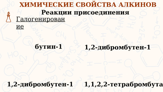 ХИМИЧЕСКИЕ СВОЙСТВА АЛКИНОВ Реакции присоединения Галогенирование бутин-1 1,2-дибромбутен-1 Следующий тип реакции присоединения – реакция галогенирования, т.е. присоединения галогенов (хлор, фтор, бром, йод). На 1 ступени реакции образуются дигалогеналкены, на 2 ступени – тетрагалогеналканы. Алкинов с бромной водой качественной реакцией на алкины, бромная вода обесцвечивается. 1,2-дибромбутен-1 1,1,2,2-тетрабромбутан  