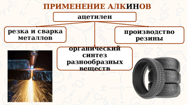 ПРИМЕНЕНИЕ АЛК ИН ОВ ацетилен резка и сварка металлов производство резины органический синтез разнообразных веществ  