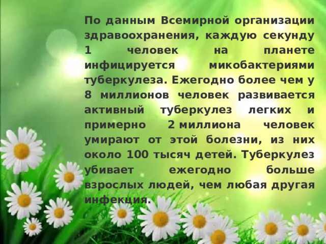 По данным Всемирной организации здравоохранения, каждую секунду 1 человек на планете инфицируется микобактериями туберкулеза. Ежегодно более чем у 8 миллионов человек развивается активный туберкулез легких и примерно 2 миллиона человек умирают от этой болезни, из них около 100 тысяч детей. Туберкулез убивает ежегодно больше взрослых людей, чем любая другая инфекция. 