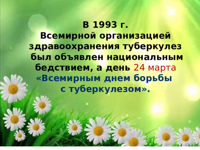 В 1993 г.  Всемирной организацией  здравоохранения туберкулез  был объявлен национальным  бедствием, а день 24 марта  «Всемирным днем борьбы  с туберкулезом».   