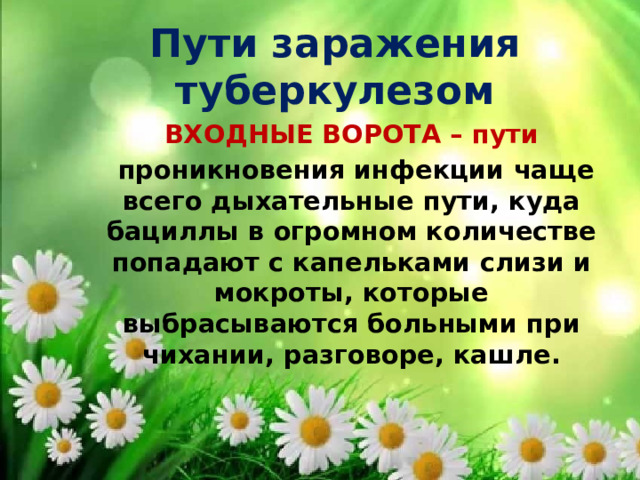 Пути заражения туберкулезом ВХОДНЫЕ ВОРОТА – пути  проникновения инфекции чаще всего дыхательные пути, куда бациллы в огромном количестве попадают с капельками слизи и мокроты, которые выбрасываются больными при чихании, разговоре, кашле. 