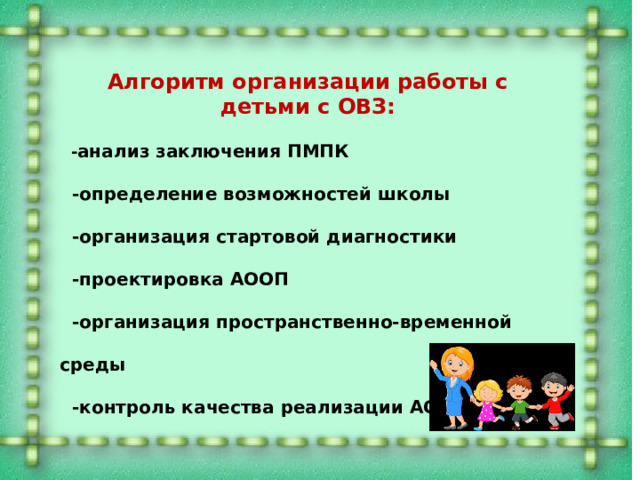 Алгоритм организации работы с детьми с ОВЗ:  - анализ заключения ПМПК  -определение возможностей школы  -организация стартовой диагностики  -проектировка АООП  -организация пространственно-временной среды  -контроль качества реализации АООП 