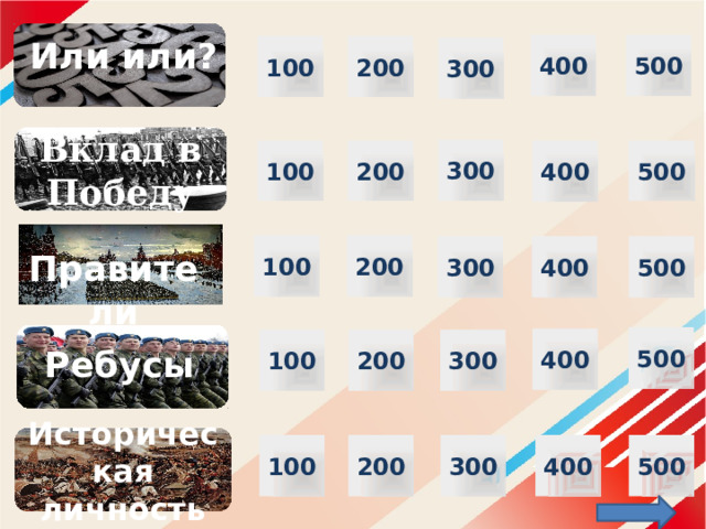    Или или? 400 500 100 200 300 Вклад в Победу 300 500 100 200 400 200 100 300 400 500 Правители 500 400 300 200 100 Ребусы Историческая личность 100 200 300 400 500 