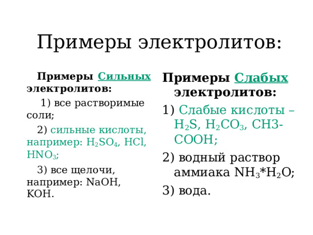  Примеры электролитов: Примеры Сильных  электролитов:  1) все растворимые соли; 2) сильные кислоты, например: H 2 SO 4 , HCl, HNO 3 ; 3) все щелочи, например: NaOH, KOH. Примеры Слабых электролитов:  1) Слабые кислоты – H 2 S, H 2 CO 3 , CH3-COOH; 2) водный раствор аммиака NH 3 *H 2 O; 3) вода. 