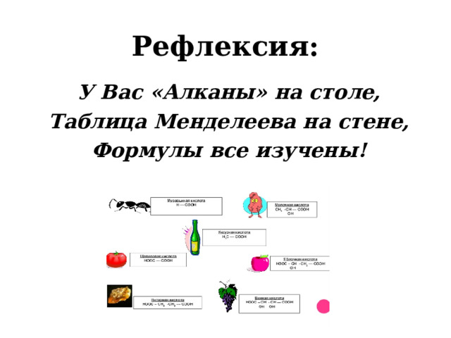 Рефлексия: У Вас «Алканы» на столе, Таблица Менделеева на стене, Формулы все изучены! 