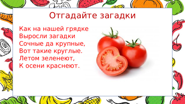 Отгадайте загадки Как на нашей грядке  Выросли загадки  Сочные да крупные,  Вот такие круглые.  Летом зеленеют,  К осени краснеют. 