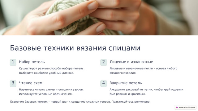 Базовые техники вязания спицами Набор петель Лицевые и изнаночные 1 2 Существуют разные способы набора петель. Выберите наиболее удобный для вас. Лицевые и изнаночные петли – основа любого вязаного изделия. Закрытие петель Чтение схем 4 3 Научитесь читать схемы и описания узоров. Используйте условные обозначения. Аккуратно закрывайте петли, чтобы край изделия был ровным и красивым. Освоение базовых техник – первый шаг к созданию сложных узоров. Практикуйтесь регулярно.  