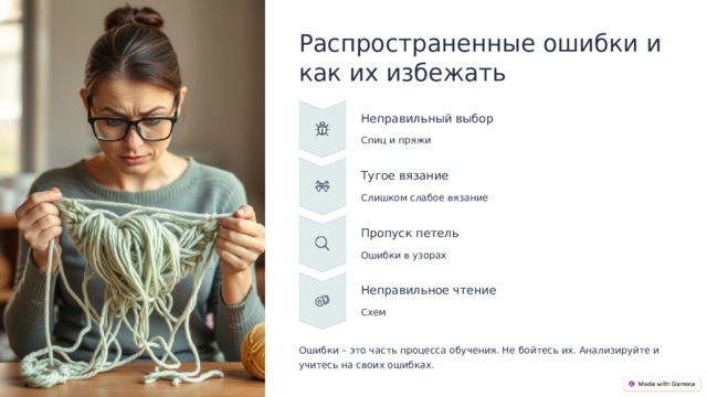 Распространенные ошибки и как их избежать Неправильный выбор Спиц и пряжи Тугое вязание Слишком слабое вязание Пропуск петель Ошибки в узорах Неправильное чтение Схем Ошибки – это часть процесса обучения. Не бойтесь их. Анализируйте и учитесь на своих ошибках.  