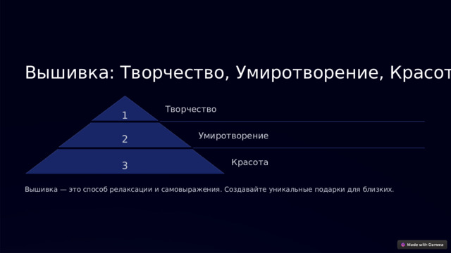 Вышивка: Творчество, Умиротворение, Красота Творчество 1 2 Умиротворение 3 Красота Вышивка — это способ релаксации и самовыражения. Создавайте уникальные подарки для близких.  