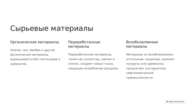 Сырьевые материалы Органические материалы Переработанные материалы Возобновляемые материалы Хлопок, лен, бамбук и другие органические материалы выращиваются без пестицидов и химикатов. Переработанные материалы, такие как полиэстер, нейлон и хлопок, создают новые ткани, сокращая потребление ресурсов. Материалы из возобновляемых источников, например, крахмал кукурузы или древесина, предлагают альтернативу нефтехимической промышленности.  