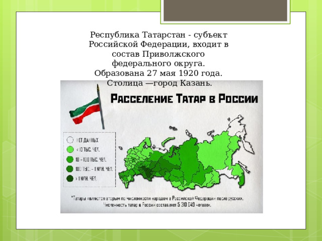 Республика Татарстан - субъект Российской Федерации, входит в состав Приволжского федерального округа. Образована 27 мая 1920 года.  Столица —город Казань. 