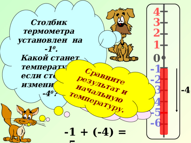 Столбик термометра установлен на -1 0 . Какой станет температура, если столбик изменить на -4 0 ? Умницы!!! Проверяем…  Сравните результат и начальную температуру.  4 3 2 1 0 -1 -2 -3 -4 -4 -5 -6 -1 + (-4) = -5 