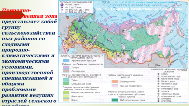 Рис. 70. Природно-хозяйственные зоны России Природно-хозяйственная зона представляет собой группу сельскохозяйственных районов со сходными природно-климатическими и экономическими условиями, производственной специализацией и общими проблемами развития ведущих отраслей сельского хозяйства. 