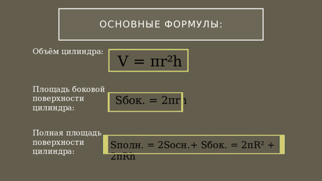 Основные Формулы: Объём цилиндра: Площадь боковой поверхности цилиндра: Полная площадь поверхности цилиндра: V = πr²h Sбок. = 2πrh Sполн. = 2Sосн.+ Sбок. = 2πR² + 2πRh 