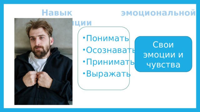Навык эмоциональной регуляции Понимать Осознавать Принимать Выражать Свои эмоции и чувства 