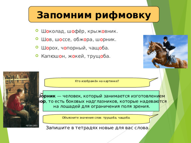 Запомним рифмовку Ш о колад, ш о фёр, крыж о вник. Ш о в, ш о ссе, обж о ра, ш о рник. Ш о рох, ч о порный, чащ о ба. Капюш о н, ж о кей, трущ о ба. Кто изображён на картинке?   Шорник — человек, который занимается изготовлением шор , то есть боковых надглазников, которые надеваются  на лошадей для ограничения поля зрения. Что означает слово шорник ? Объясните значения слов: трущоба, чащоба.   Запишите в тетрадях новые для вас слова.  