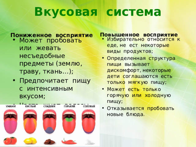 Вкусовая система   Пониженное восприятие  Повышенное восприятие  Может пробовать или жевать несъедобные предметы (землю, траву, ткань…); Предпочитает пищу с интенсивным вкусом; Часто жует волосы, одежду или пальцы.  Избирательно относится к еде, не ест некоторые виды продуктов; Определенная структура пищи вызывает дискомфорт, некоторые дети соглашаются есть только мягкую пищу; Может есть только горячую или холодную пищу; Отказывается пробовать новые блюда.  