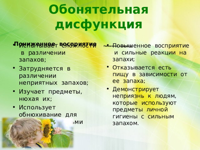  Обонятельная дисфункция    Пониженное восприятие      Повышенное восприятие  Испытывает сложности в различении запахов; Затрудняется в различении неприятных запахов; Изучает предметы, нюхая их; Использует обнюхивание для общения с людьми  Повышенное восприятие и сильные реакции на запахи; Отказывается есть пищу в зависимости от ее запаха; Демонстрирует неприязнь к людям, которые используют предметы личной гигиены с сильным запахом. 