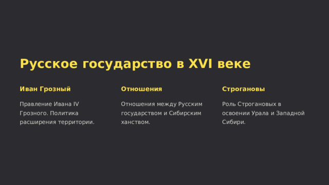  Русское государство в XVI веке Иван Грозный Отношения Строгановы Правление Ивана IV Грозного. Политика расширения территории. Отношения между Русским государством и Сибирским ханством. Роль Строгановых в освоении Урала и Западной Сибири. 