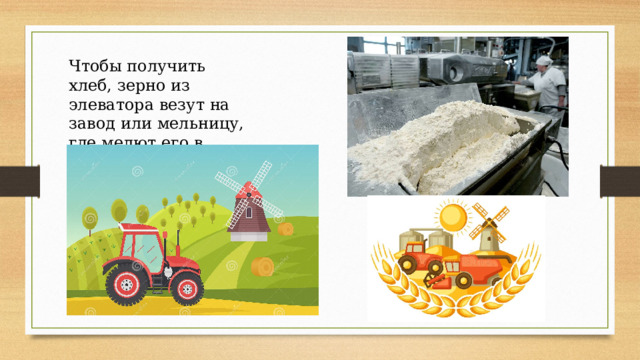 Чтобы получить хлеб, зерно из элеватора везут на завод или мельницу, где мелют его в муку. 