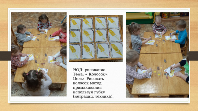 НОД: рисование Тема: « Колосок» Цель: Рисовать колосок метод примакивания используя губку (нетрадиц. техника). 