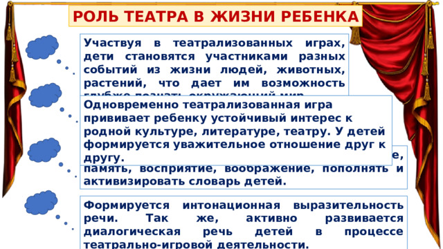 РОЛЬ ТЕАТРА В ЖИЗНИ РЕБЕНКА Участвуя в театрализованных играх, дети становятся участниками разных событий из жизни людей, животных, растений, что дает им возможность глубже познать окружающий мир. Одновременно театрализованная игра прививает ребенку устойчивый интерес к родной культуре, литературе, театру. У детей формируется уважительное отношение друг к другу. Развиваются психические процессы: внимание, память, восприятие, воображение, пополнять и активизировать словарь детей. Формируется интонационная выразительность речи. Так же, активно развивается диалогическая речь детей в процессе театрально-игровой деятельности. 