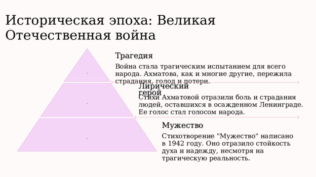 Историческая эпоха: Великая Отечественная война Трагедия Война стала трагическим испытанием для всего народа. Ахматова, как и многие другие, пережила страдания, голод и потери. 1 Лирический герой Стихи Ахматовой отразили боль и страдания людей, оставшихся в осажденном Ленинграде. Ее голос стал голосом народа. 2 Мужество 3 Стихотворение 