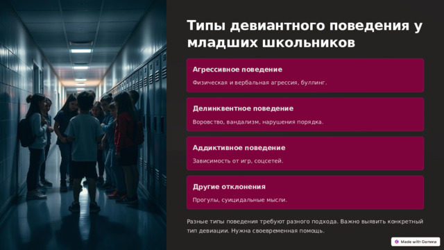 Типы девиантного поведения у младших школьников Агрессивное поведение Физическая и вербальная агрессия, буллинг. Делинквентное поведение Воровство, вандализм, нарушения порядка. Аддиктивное поведение Зависимость от игр, соцсетей. Другие отклонения Прогулы, суицидальные мысли. Разные типы поведения требуют разного подхода. Важно выявить конкретный тип девиации. Нужна своевременная помощь.  