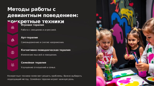 Методы работы с девиантным поведением: конкретные техники Игровая терапия Работа с эмоциями и агрессией. Арт-терапия Самовыражение и снятие напряжения. Когнитивно-поведенческая терапия Изменение мыслей и поведения. Семейная терапия Улучшение отношений в семье. Конкретные техники помогают решить проблемы. Важно выбирать подходящий метод. Семейная терапия играет важную роль.  