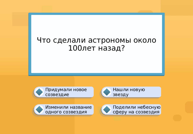 Что сделали астрономы около 100лет назад? Нашли новую звезду Придумали новое созвездие Поделили небесную сферу на созвездия Изменили название одного созвездия 