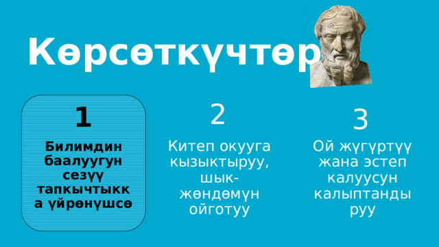 Көрсөткүчтөр 2 1 3 Китеп окууга кызыктыруу, шык-жөндөмүн ойготуу Ой жүгүртүү жана эстеп калуусун калыптандыруу Билимдин баалуугун сезүү тапкычтыкка үйрөнүшсө 