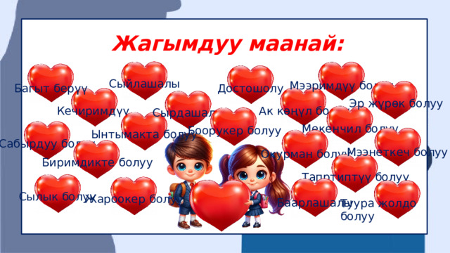 Жагымдуу маанай: Сыйлашалы Мээримдүү болуу Достошолу Багыт берүү Эр жүрөк болуу Ак көңүл болуу Кечиримдүү Сырдашалы Мекенчил болуу Боорукер болуу Ынтымакта болуу Сабырдуу болуу Мээнеткеч болуу Окурман болуу Биримдикте болуу Тапртиптүү болуу Сылык болуу Жароокер болуу Баарлашалы Туура жолдо болуу 