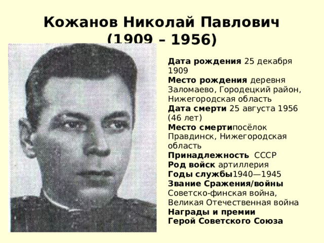 Кожанов Николай Павлович  (1909 – 1956) Дата рождения 25 декабря 1909 Место рождения деревня Заломаево, Городецкий район, Нижегородская область Дата смерти 25 августа 1956 (46 лет) Место смерти посёлок Правдинск, Нижегородская область Принадлежность  СССР Род войск артиллерия Годы службы 1940—1945 Звание  Сражения/войны Советско-финская война,  Великая Отечественная война Награды и премии Герой Советского Союза          