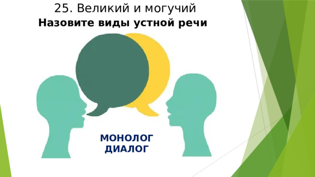 25. Великий и могучий Назовите виды устной речи  МОНОЛОГ ДИАЛОГ 