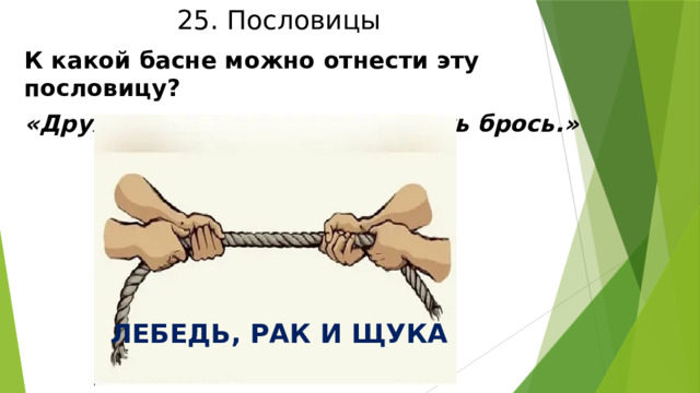 25. Пословицы К какой басне можно отнести эту пословицу? «Дружно не грузно, а врозь хоть брось.»  ЛЕБЕДЬ, РАК И ЩУКА 
